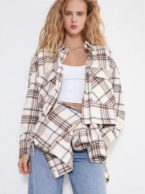 Zara Relaxed Fit Cropped Plaid Button-Down Cream Brown Flannel Shacket S